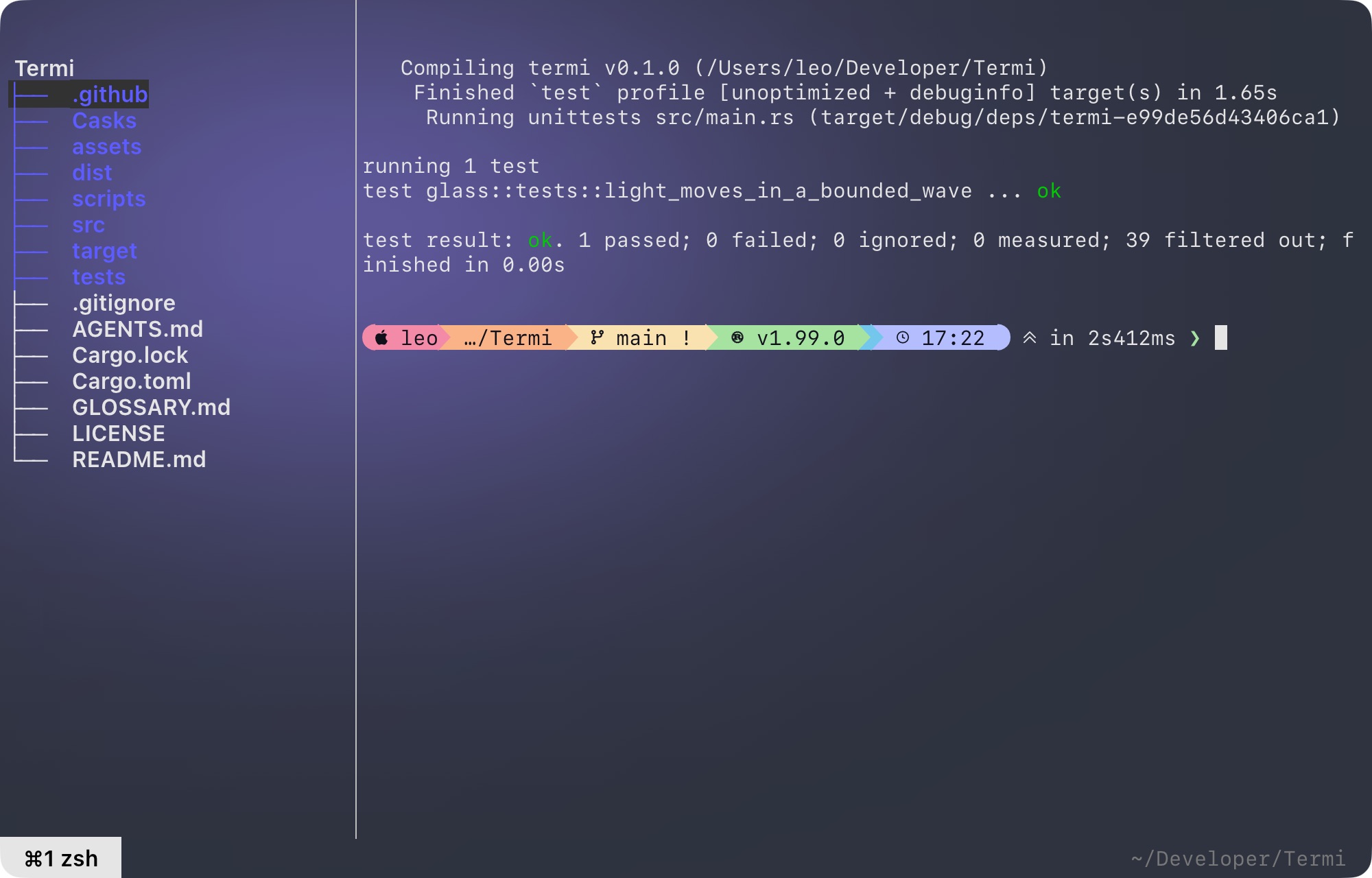 Termi in translucent wave mode with native macOS blur, a violet glow, file tree and passing terminal test